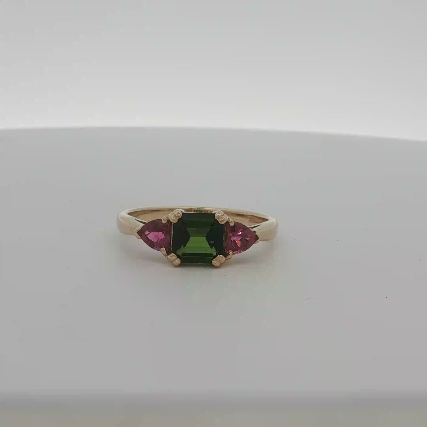 9ct Yellow Gold Ring with Emerald Cut Green And Pink Tourmaline