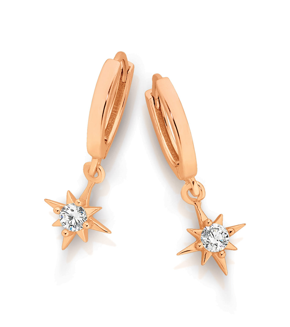 Sterling Silver Rose Gold Plated CZ Star Charm Earrings