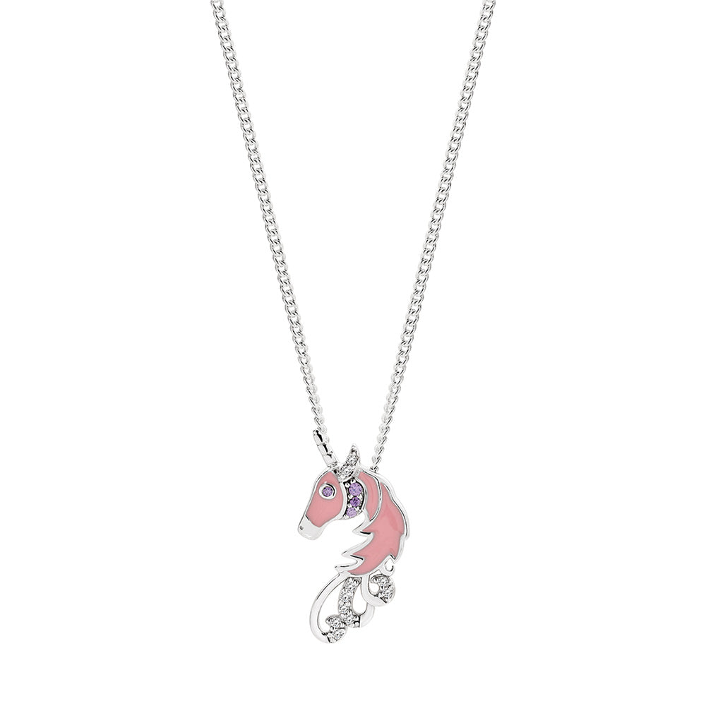 Sterling Silver Pink Enamelled Amethyst and CZ Unicorn Pendant.