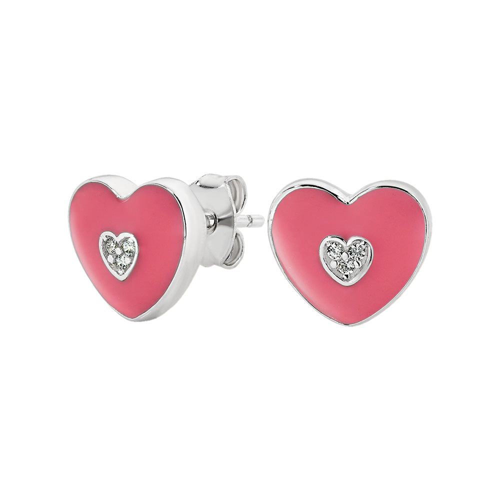 Sterling Silver Pink Enamelled CZ Heart Stud Earrings
