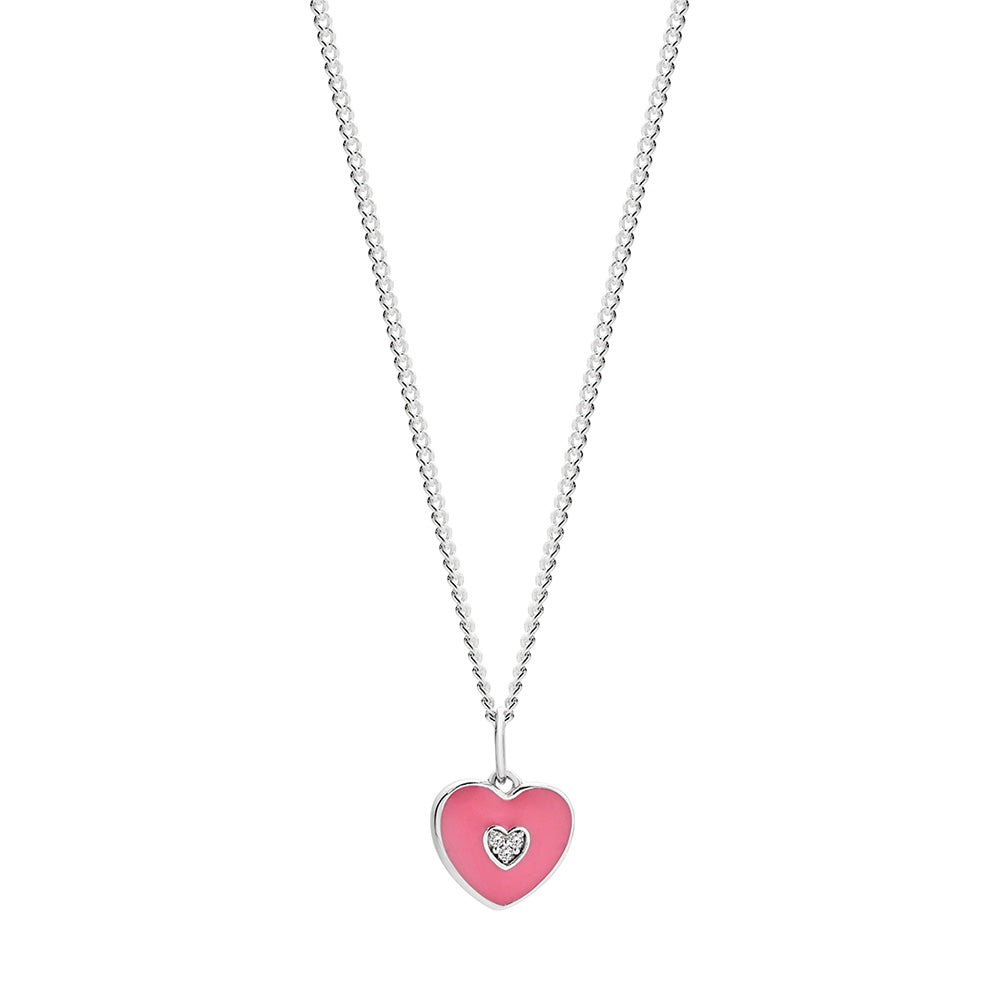 Sterling Silver Pink Enamelled CZ Heart Pendant.