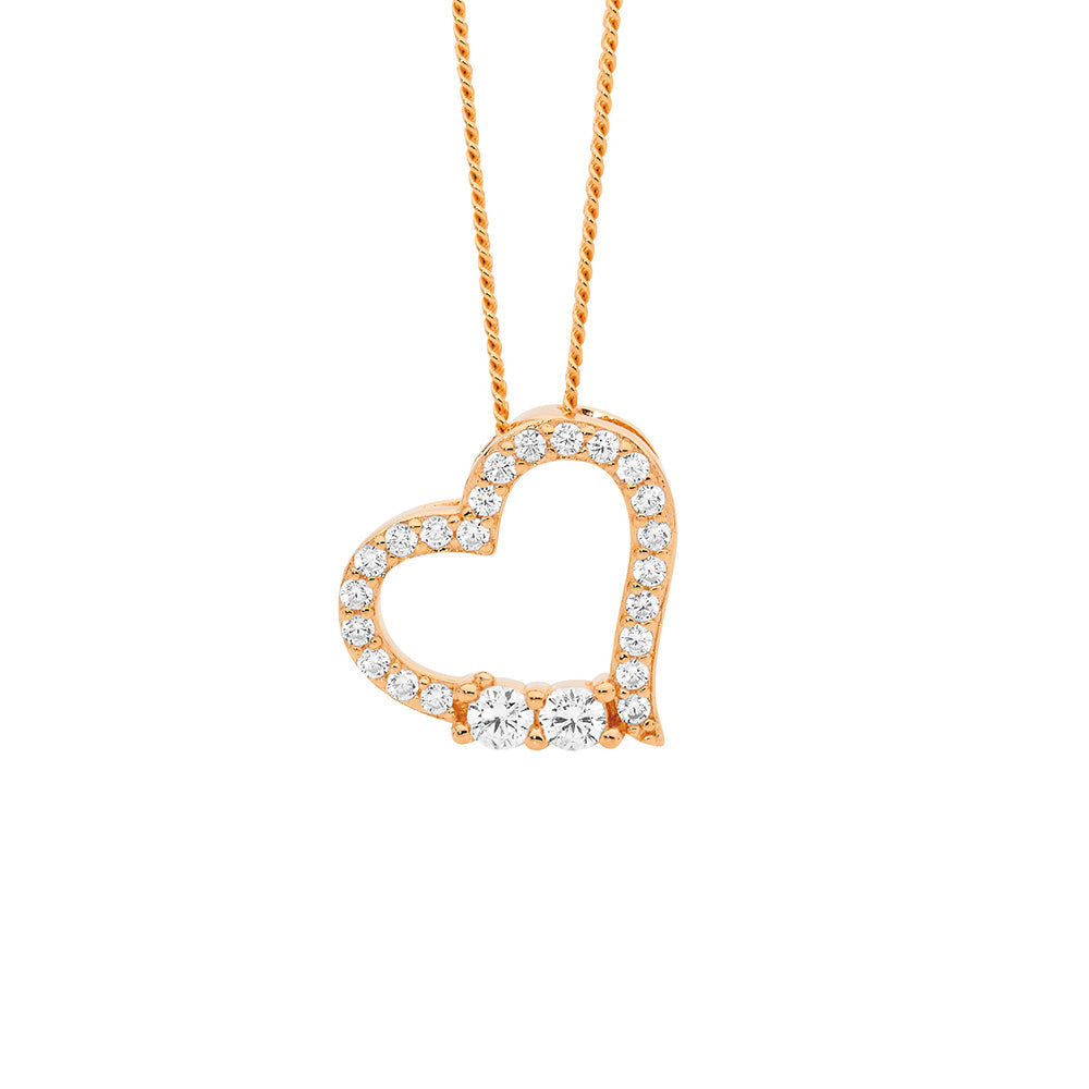 Sterling Silver Rose Gold Plated CZ Open Heart Pendant