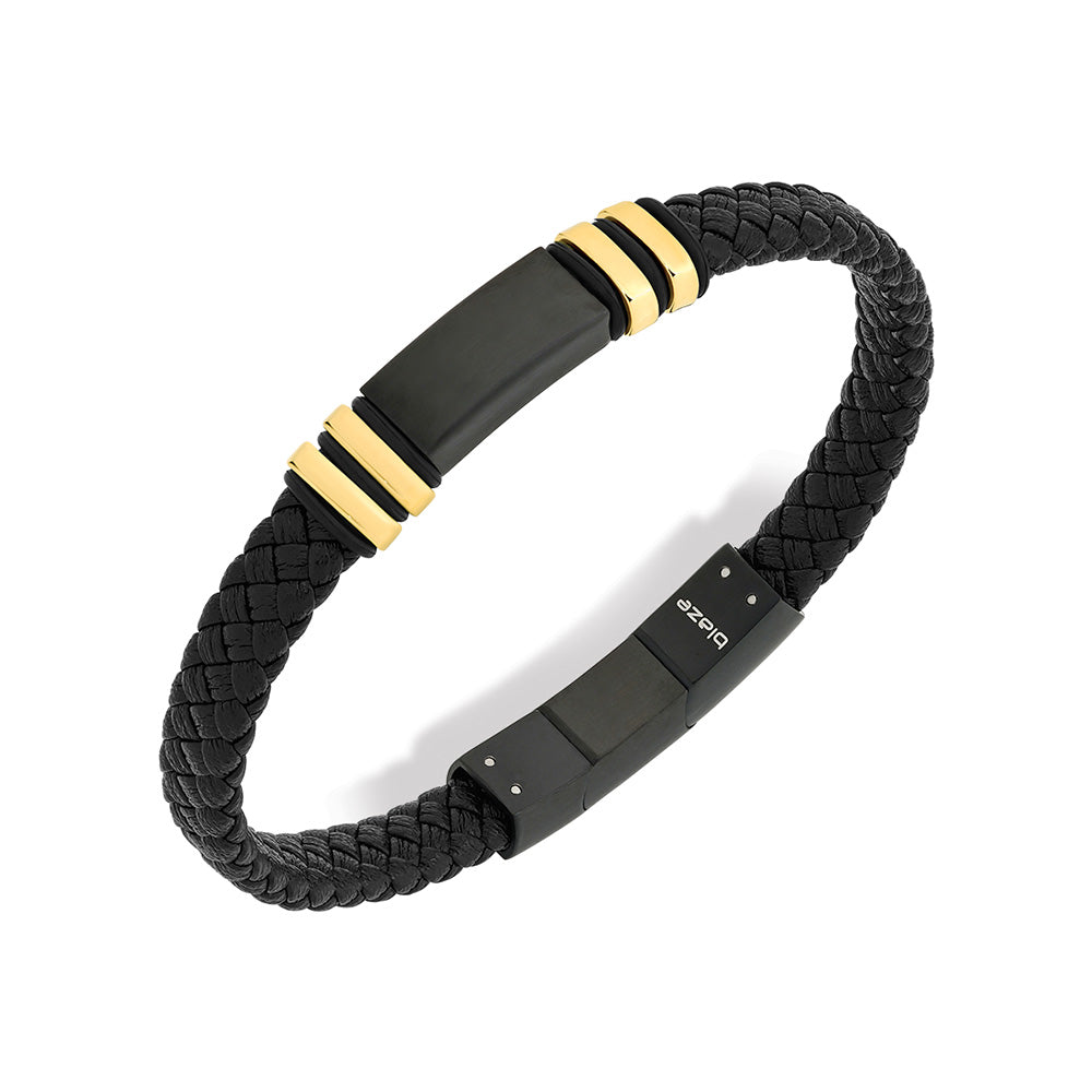 Blaze Stainless Steel Black Plaited Leather Bracelet with Gold Plated Accents